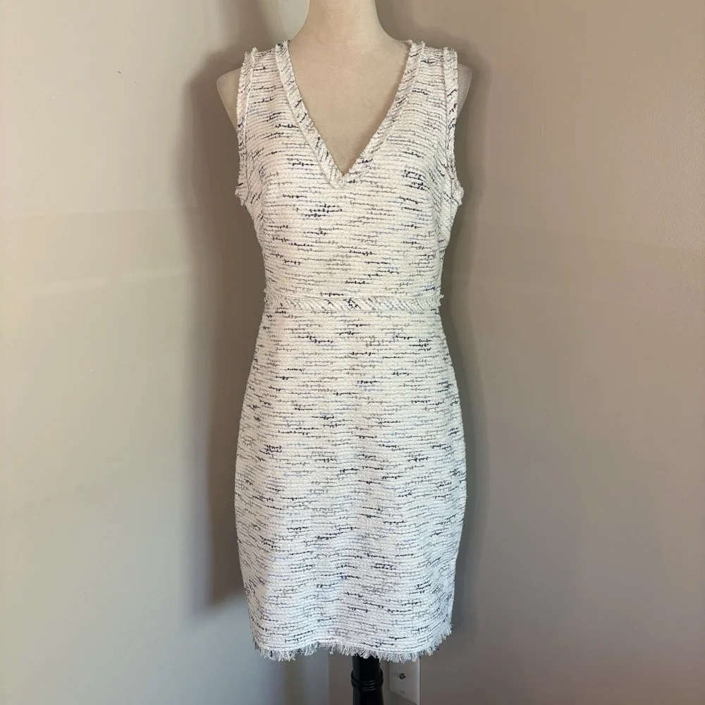 Kate Spade New York Tweed V-Neck Sheath Dress White Navy Fringe Boucle Size 8